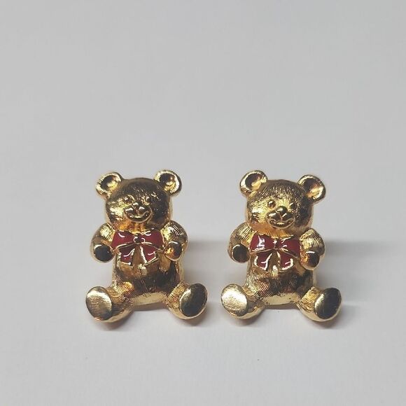 Avon Gold Tone Teddy Bear Earrings 1998 - Picture 1 of 3